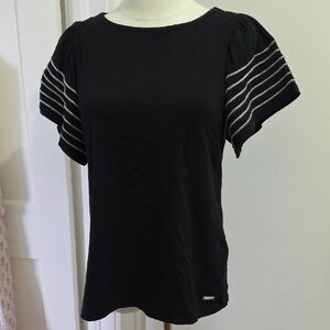 Jones New York Black Top with White Striped Sleeves